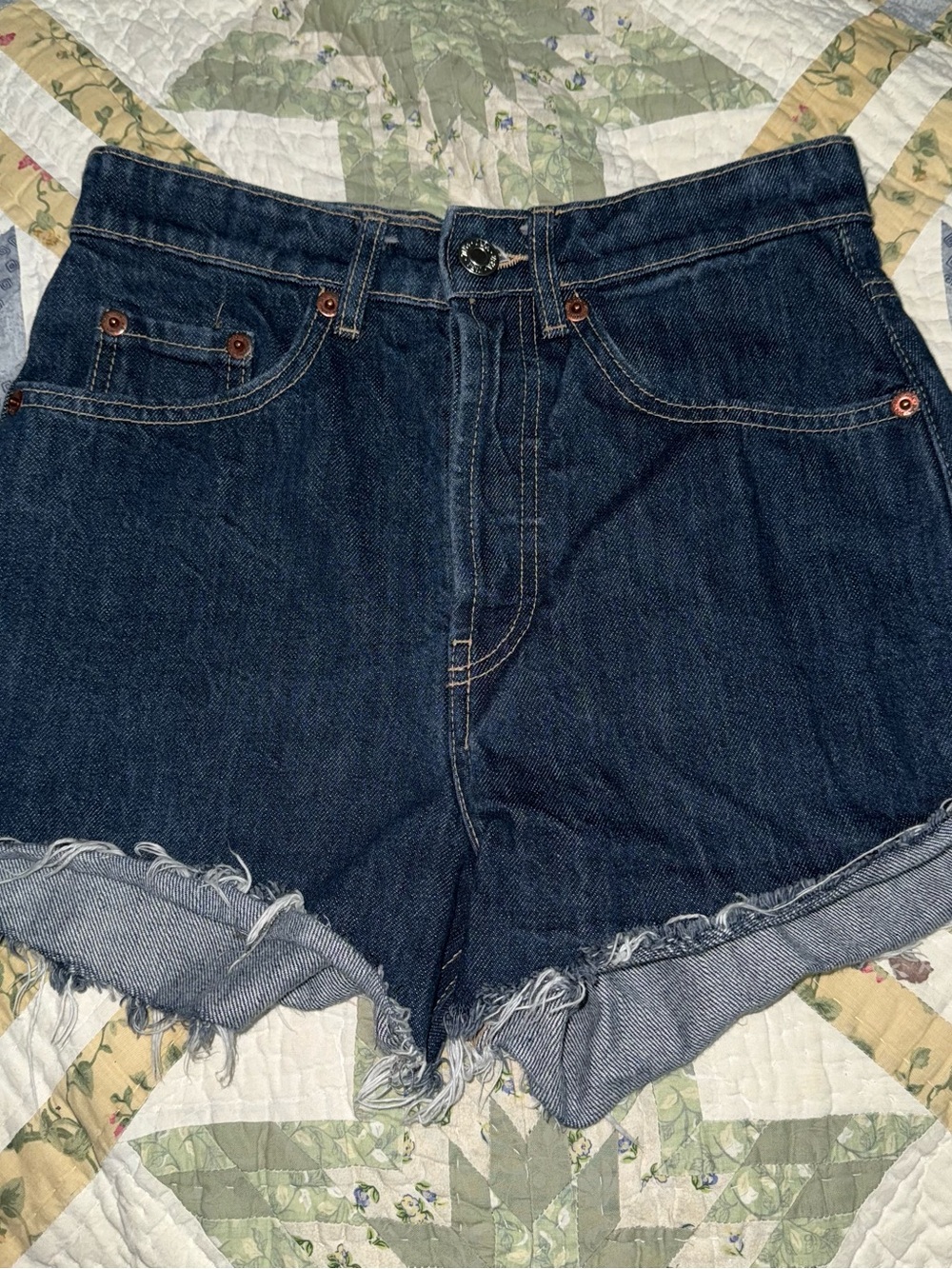 Zara Dark Blue Denim Cutoff Shorts with Frayed Hem